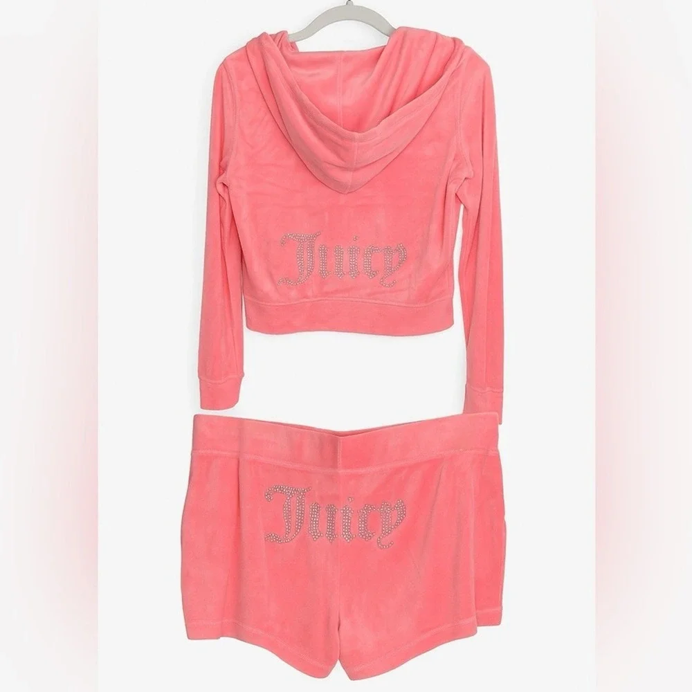 Juicy Couture Bling Velour Tracksuit Hoodie Shorts Set Flamingo Pink L NWT